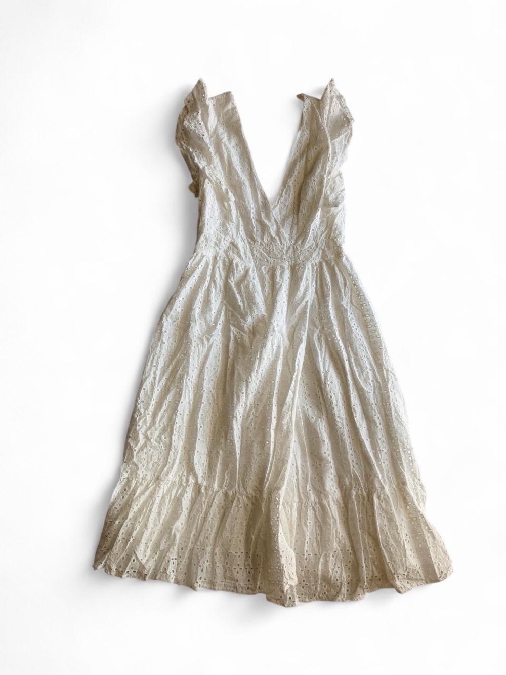 NIB White Eyelet Lace Flutter Sleeve Tiered Midi Dress Size Small